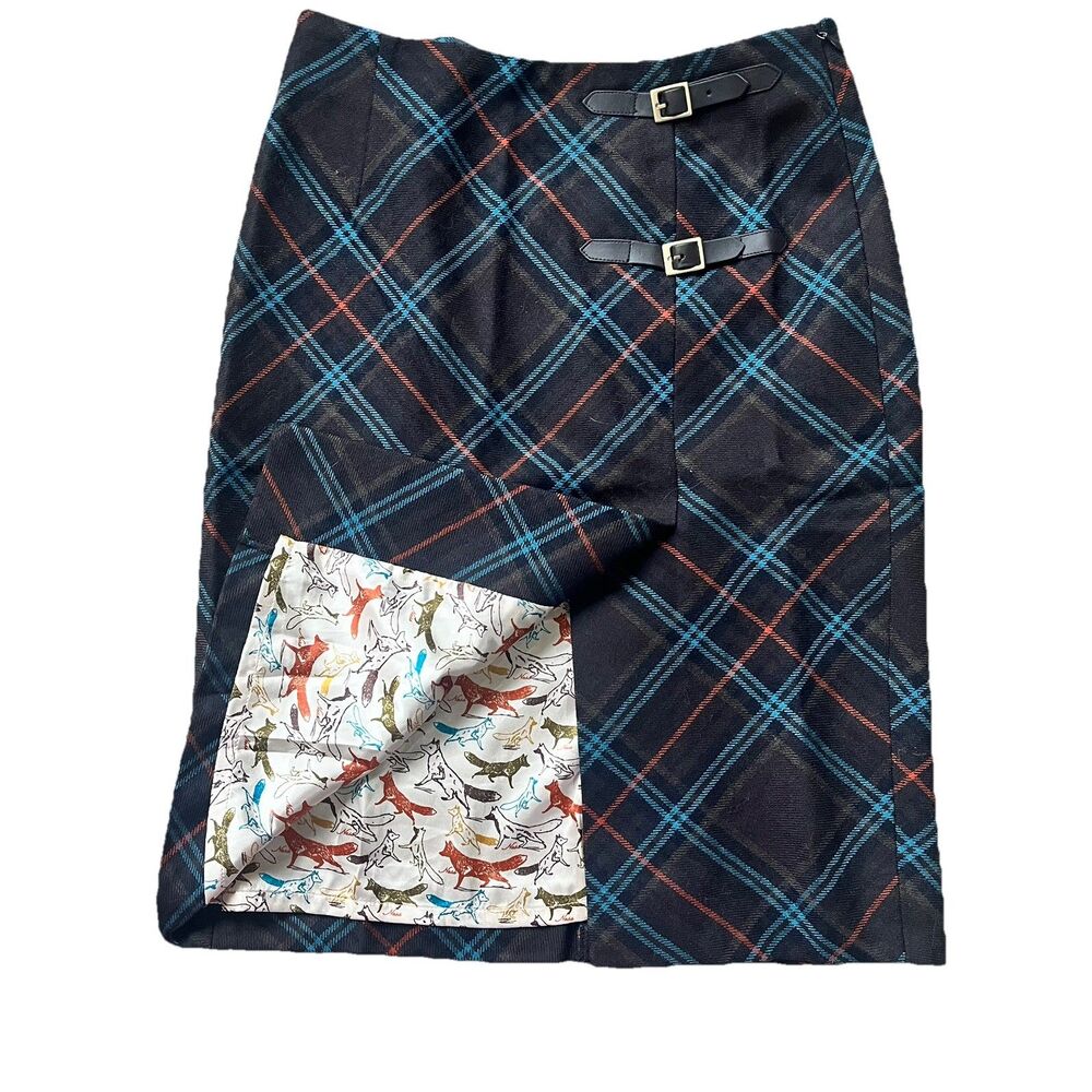 Ness Wool Pencil Skirt Tartan Size 6 Brown Blue Orange Leather Buckle Academic